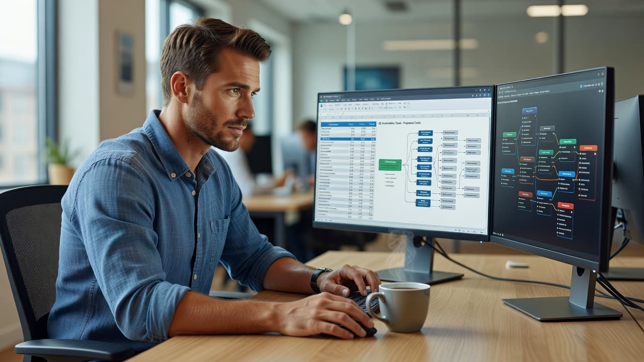 AI agent development cost breakdown 2026 An automation engineer reviewing an AI agent build cost breakdown on a monitor in a bright agency office