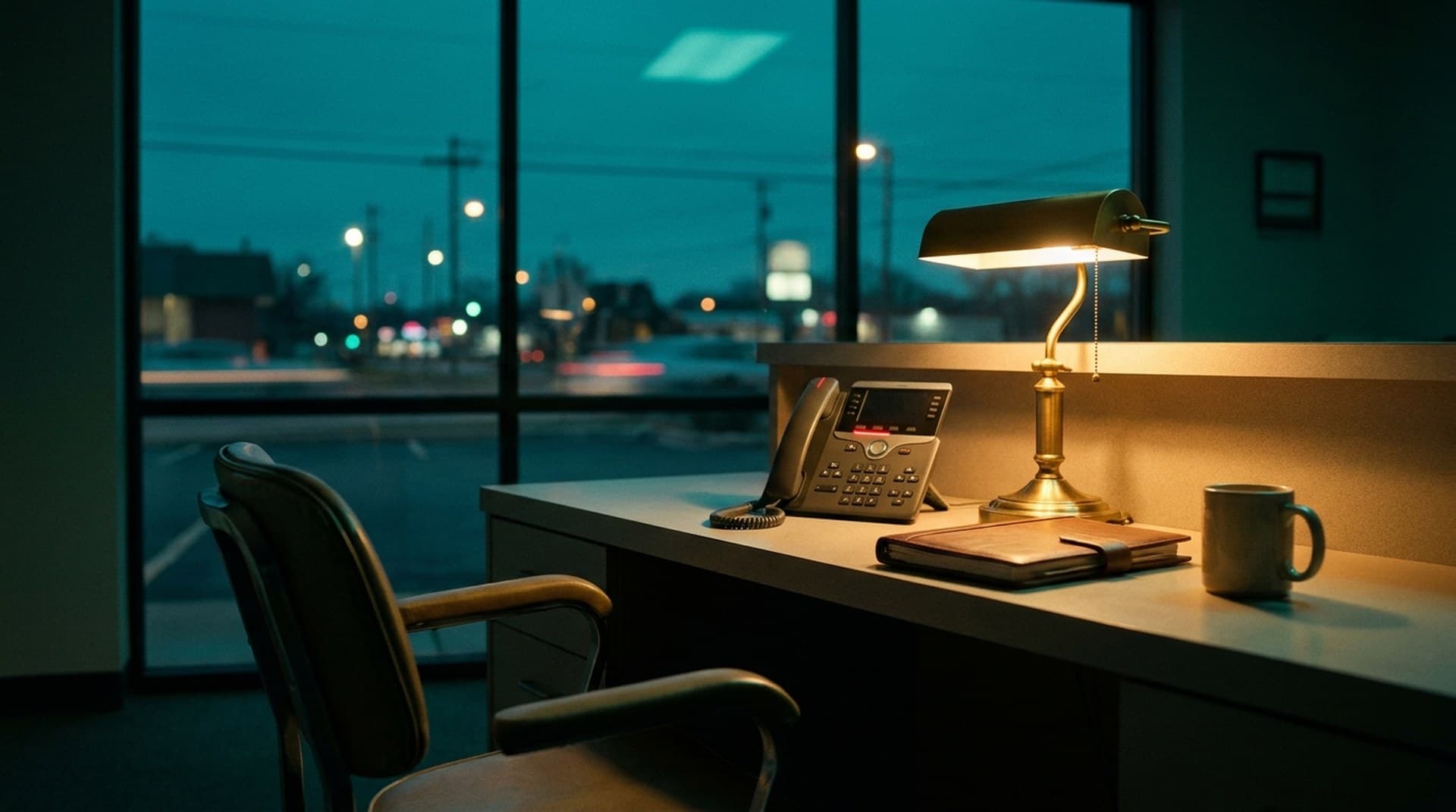 After hours, the phone still rings: AI receptionist vs answering service A desk phone with a glowing line button ringing on an empty small-business reception counter after hours, a brass lamp still on and a teal dusk window behind it, illustrating the missed calls an AI receptionist or answering service is meant to catch