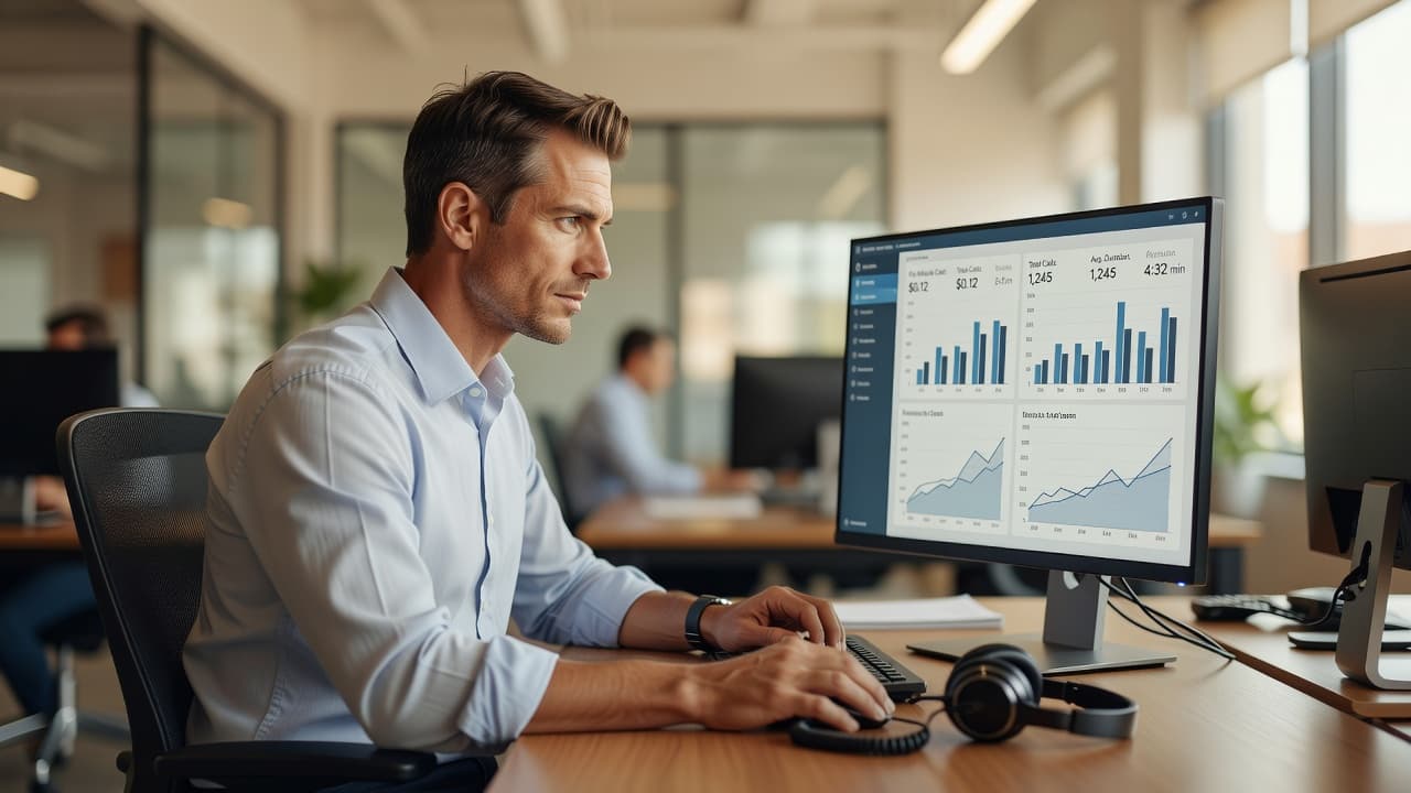 AI voice agent cost per minute breakdown for 2026 An operations manager reviewing a per-minute call-cost analytics dashboard in a bright agency office