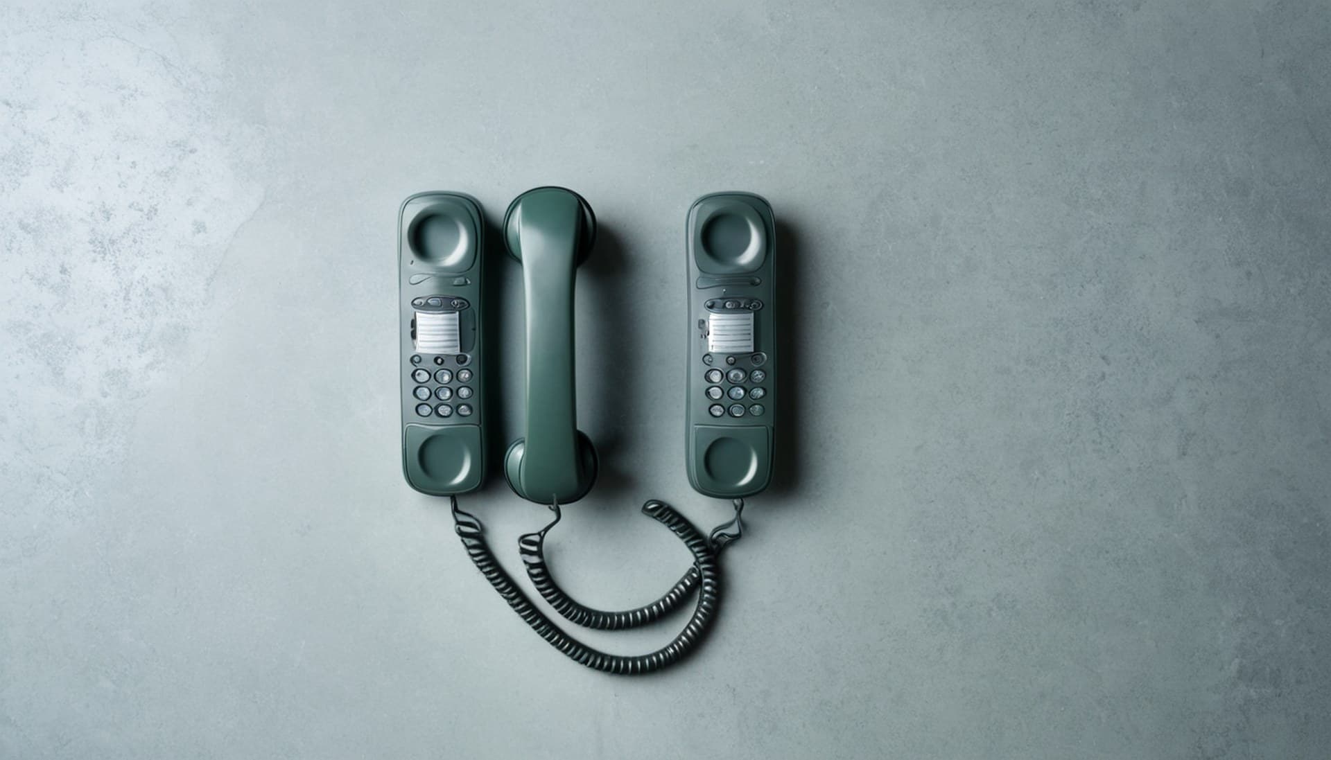 AI voice agent transfer to a human agent Two desk telephones on a concrete surface joined by a single coiled cord, representing an AI voice agent transferring a call to a human