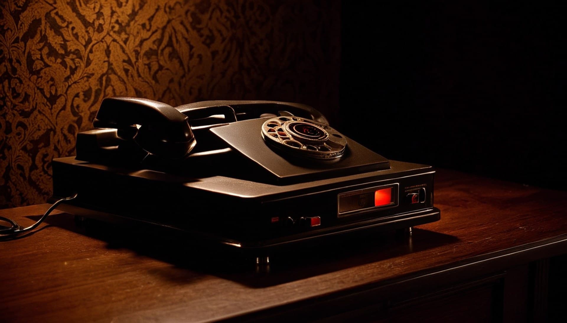 AI voice agent voicemail detection Retro telephone answering machine on a dark wooden desk with a single red message indicator light glowing, representing AI voice agent voicemail detection
