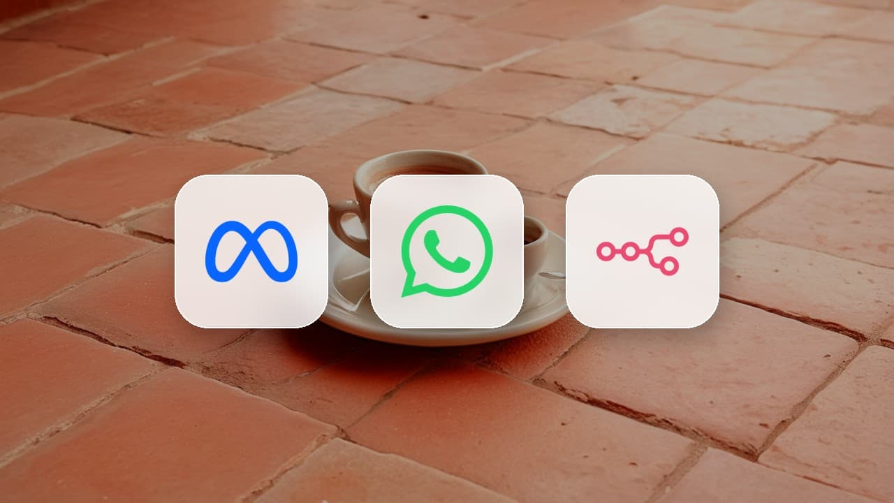 Click-to-WhatsApp ads conversion tracking with Meta, WhatsApp and n8n Meta, WhatsApp and n8n logo tiles over an espresso cup on a sunlit terracotta cafe table, illustrating click-to-WhatsApp ads conversion tracking with n8n