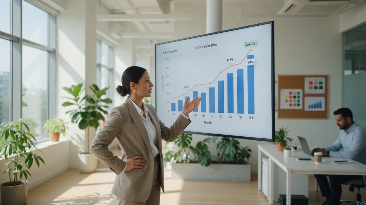 Daily AI content that gets cited by AI search engines A marketing strategist presenting rising analytics in a bright agency office, showing content growth