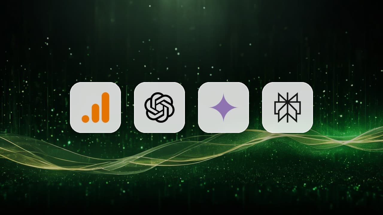GA4 AI Assistant channel and the AI traffic sources it tracks Google Analytics, ChatGPT, Gemini and Perplexity logos representing AI assistant traffic sources in GA4 reporting