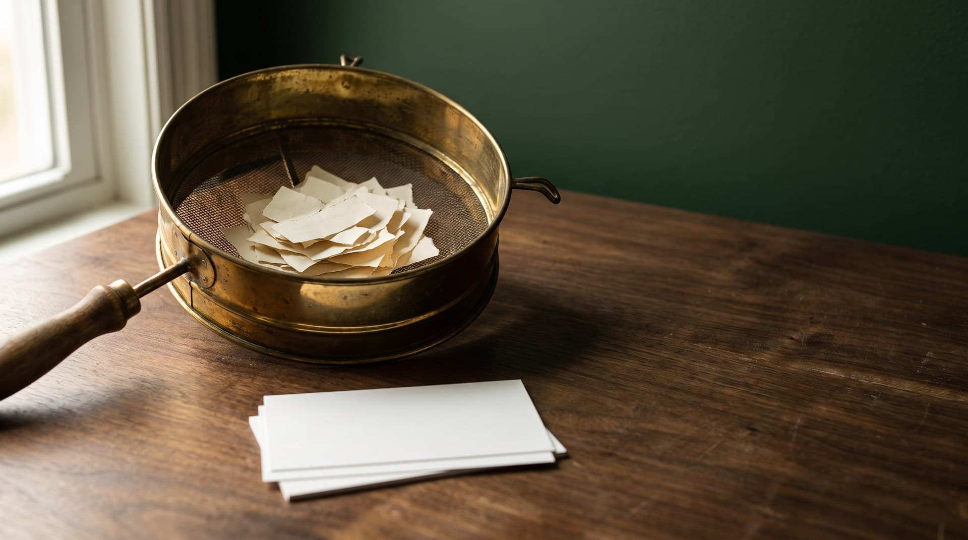 Filtering invalid Google Ads leads before they reach Smart Bidding A brass flour sifter on a dark walnut desk holding torn scraps of paper while a neat stack of clean white cards sits below it, representing a server-side filter that keeps invalid Google Ads leads out of conversion tracking