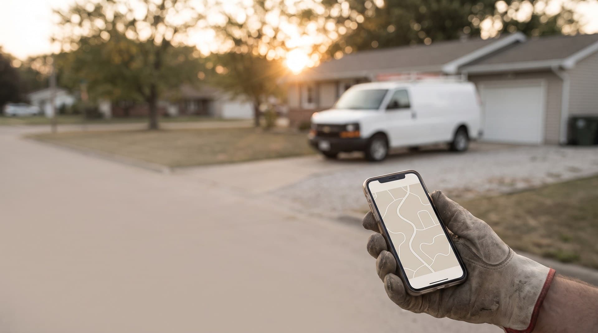 Google Business Profile suspended for a service area business address A field service van parked outside a house with a phone showing a map listing that is no longer visible