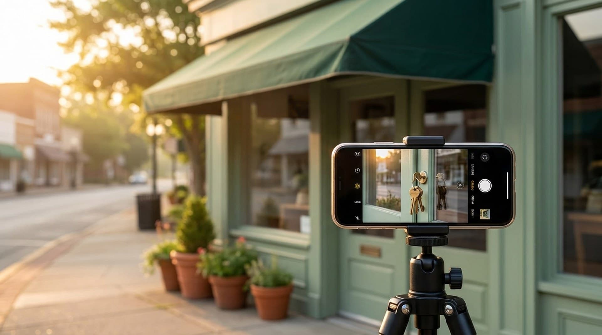 Google Business Profile video verification in 2026 A smartphone on a small tripod filming a sage green shopfront at sunrise, its screen framing brass keys hanging in the door lock, representing the continuous one-take video Google Business Profile verification asks for