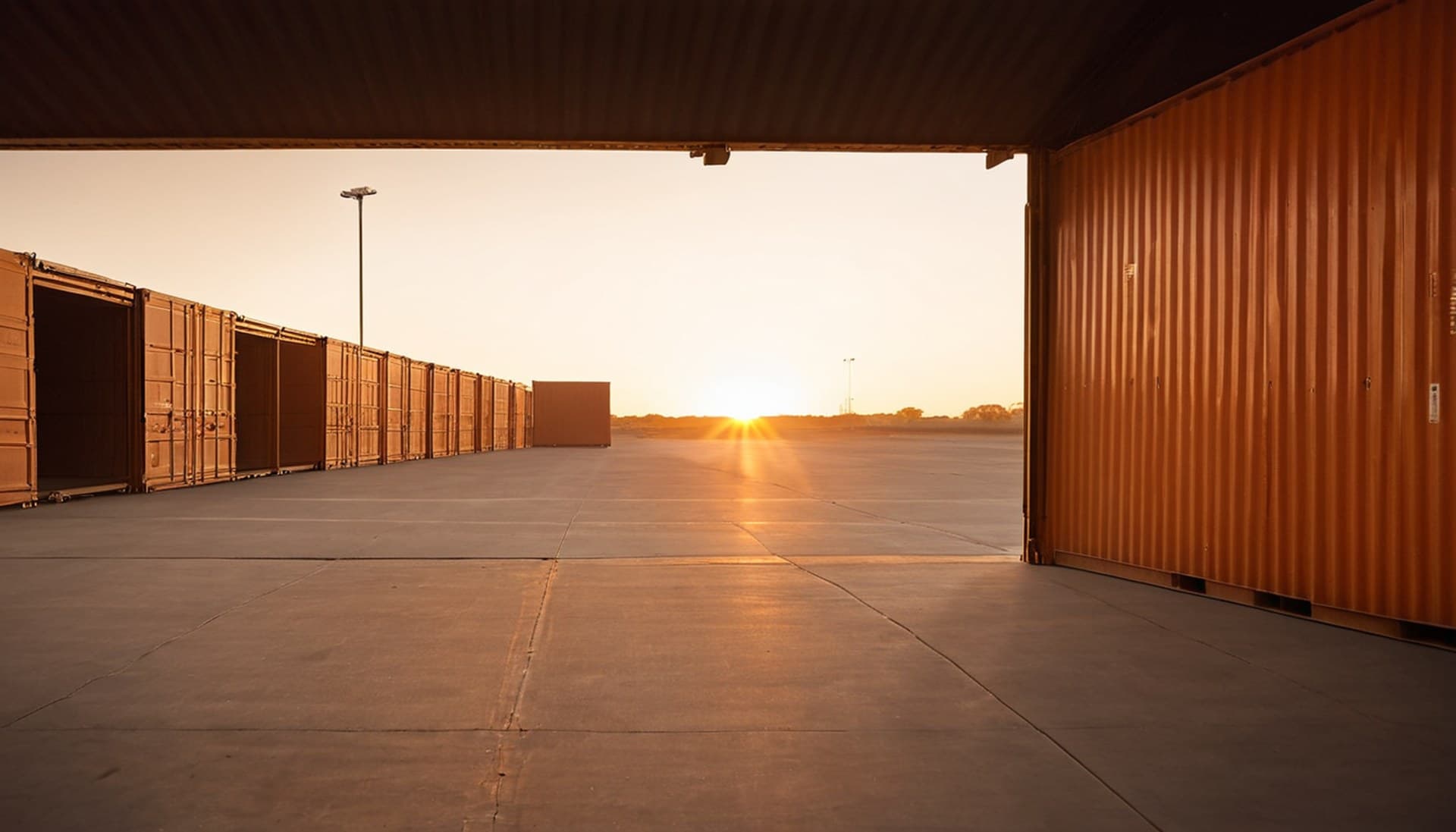 Google Display Ads migrating to Demand Gen in 2026 Rows of shipping containers at a loading depot at golden hour with one open bay, representing Google Display campaigns being migrated into Demand Gen