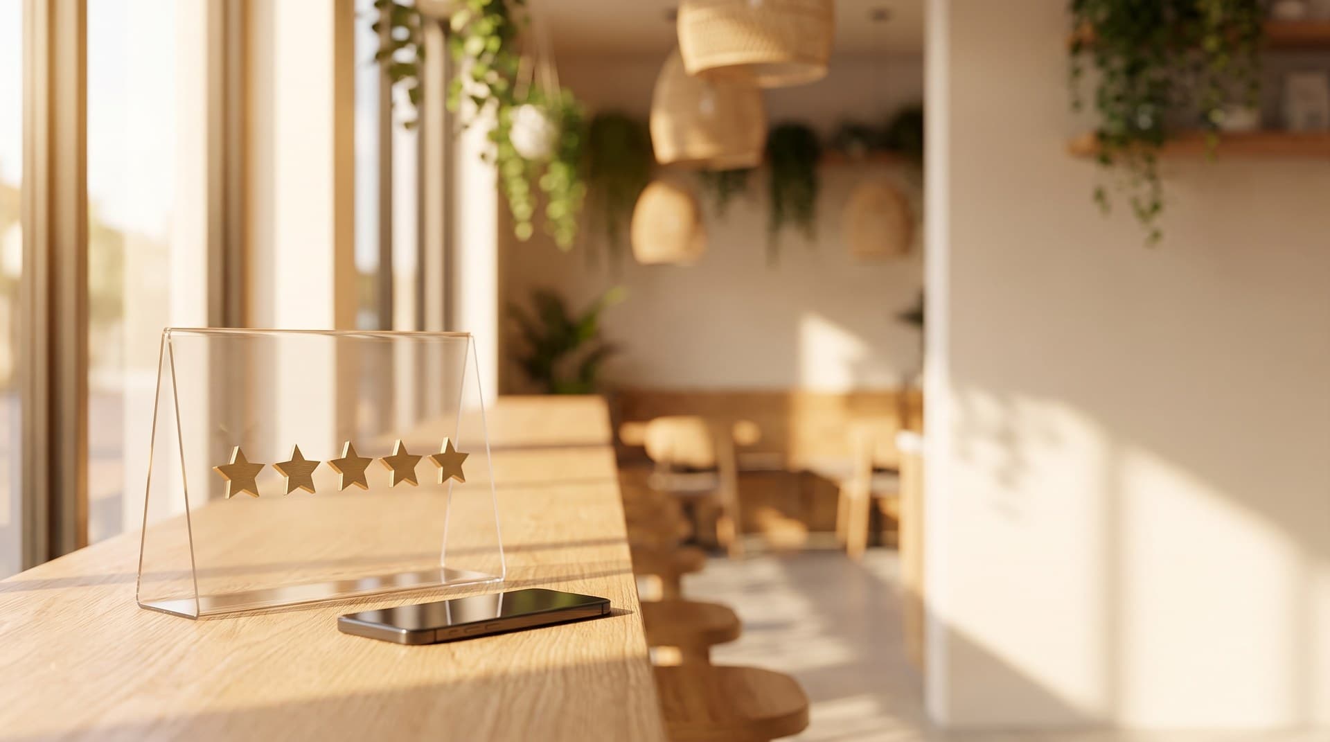 Compliant Google review automation for local businesses in 2026 A tabletop review request stand with five gold stars on the counter of a local service business in warm afternoon light