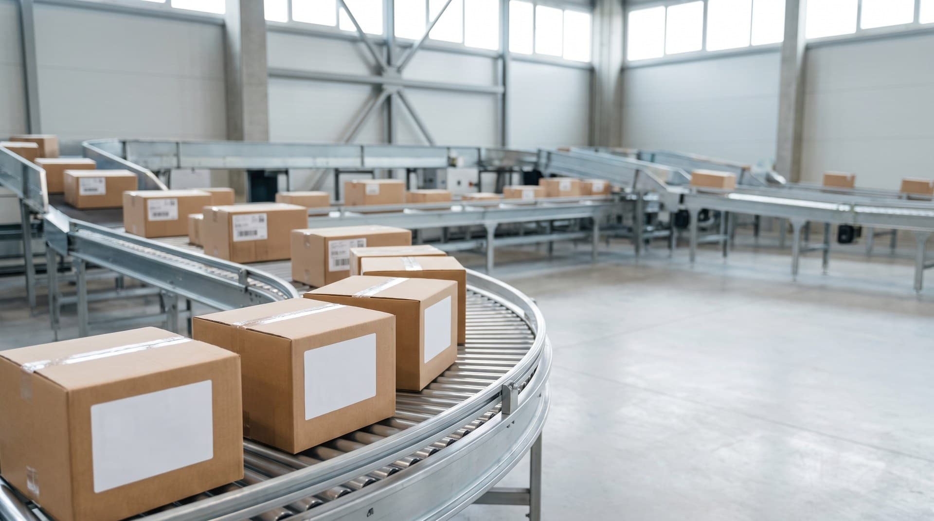 Fixing Hyros No Source sales and unattributed revenue Parcels moving along a sorting conveyor where the front boxes carry completely blank shipping labels, representing sales that reach Hyros with no source attached