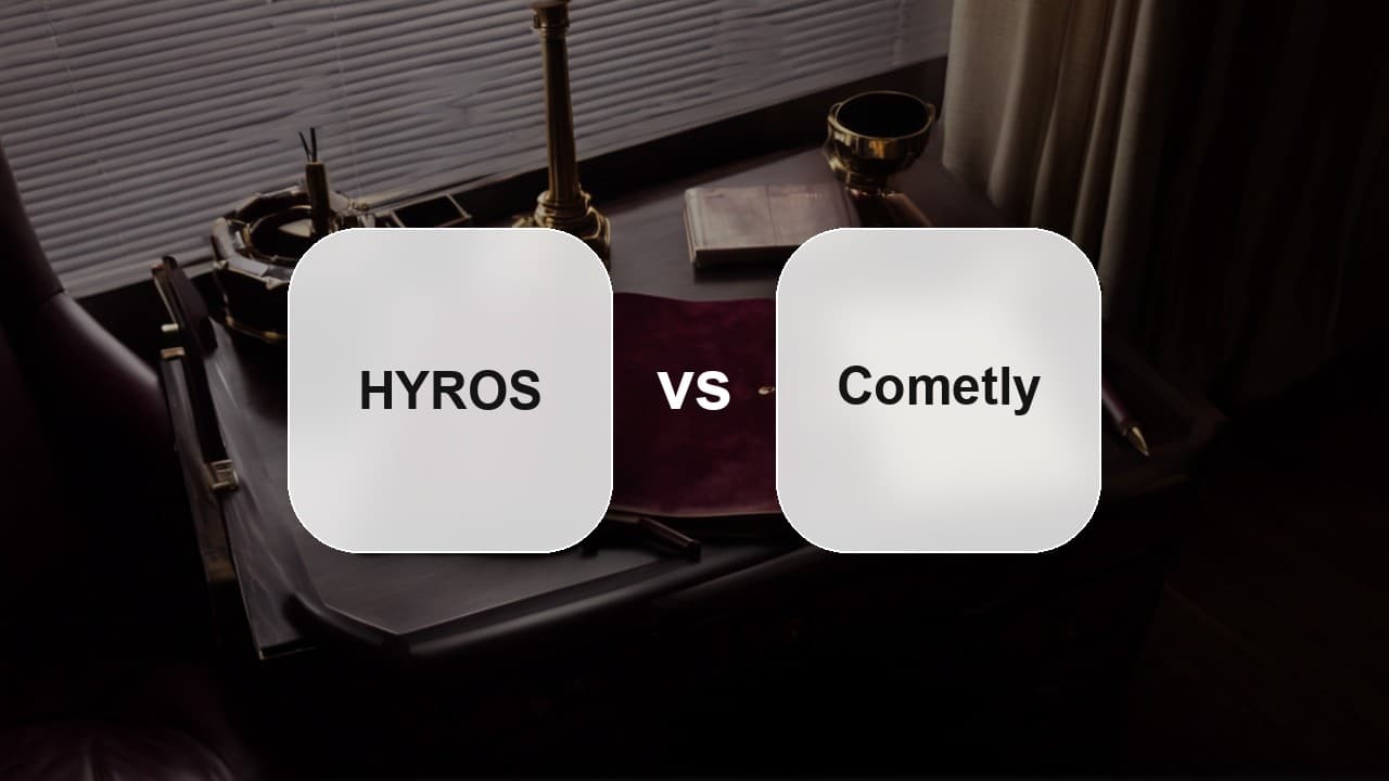 Hyros vs Cometly: choosing an ad attribution platform in 2026 HYROS and Cometly wordmark tiles side by side with a vs between them over a dark walnut desk with a burgundy leather notebook, illustrating a Hyros vs Cometly attribution comparison