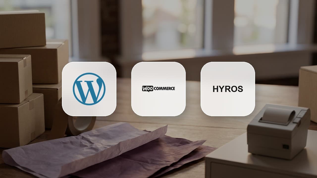 Setting up Hyros tracking on a WooCommerce store WordPress, WooCommerce and Hyros logo tiles over a soft-focus order packing station with kraft shipping boxes, plum tissue paper and a receipt printer