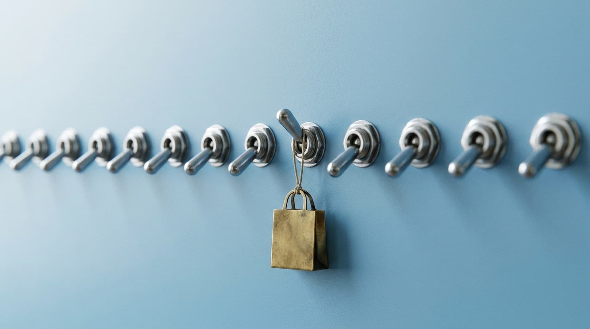Meta product browsing turns on by default in existing ads A row of chrome toggle switches on a powder-blue panel with one switch flipped up and a small brass shopping bag hanging from it, illustrating Meta turning on product browsing in existing ads by default