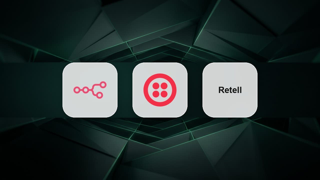 Missed call text back automation built with n8n and Twilio n8n, Twilio and Retell logos on a dark teal background representing a missed call text back automation stack
