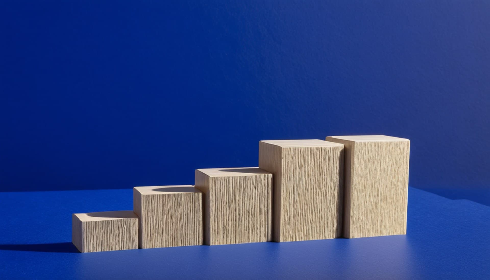One step at a time: how multi-step lead forms lower the first ask Five pale oak wooden blocks rising as small ascending steps on a cobalt blue backdrop in soft window light, a metaphor for a multi-step lead form that asks one easy question at a time