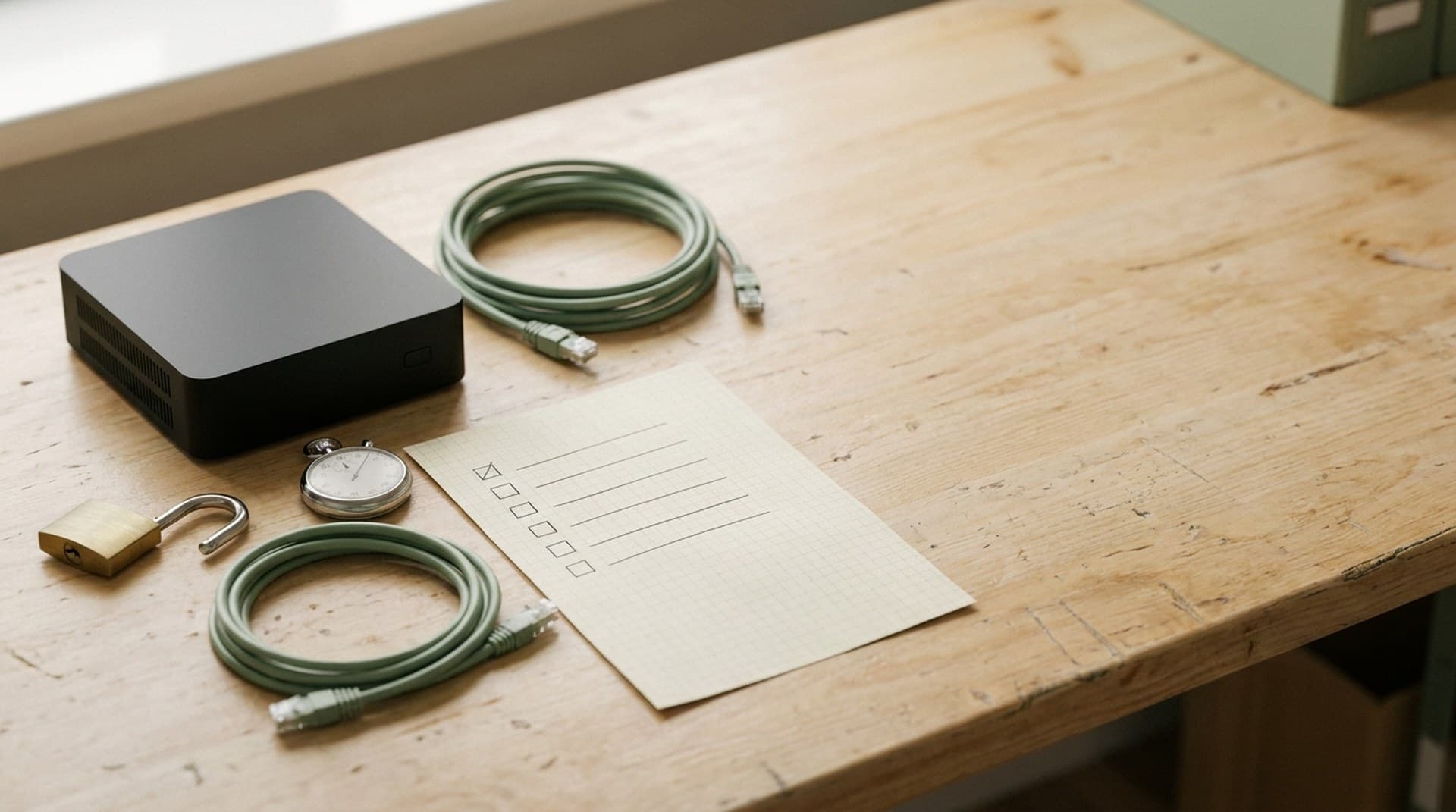 n8n 3.0 upgrade checklist: Docker, removed nodes, task timeouts and SSRF ranges Mini PC server, open brass padlock, silver stopwatch, coiled green network cables and a blank checklist on a birch workbench, illustrating an n8n 3.0 upgrade checklist for self-hosted agency instances