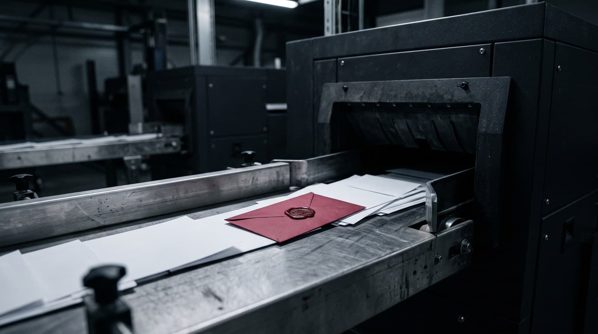 n8n AI agent security and prompt injection containment A crimson wax-sealed envelope moving among plain white documents on a steel conveyor into a machine intake, illustrating indirect prompt injection in an AI agent pipeline