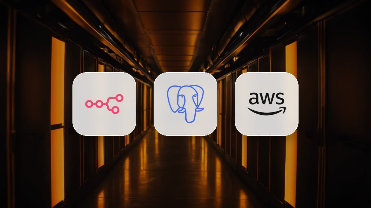 n8n binary data storage options in queue mode: database or S3 The n8n, PostgreSQL and AWS logos on a dark amber server corridor background, representing binary data storage options for a self-hosted n8n queue mode deployment