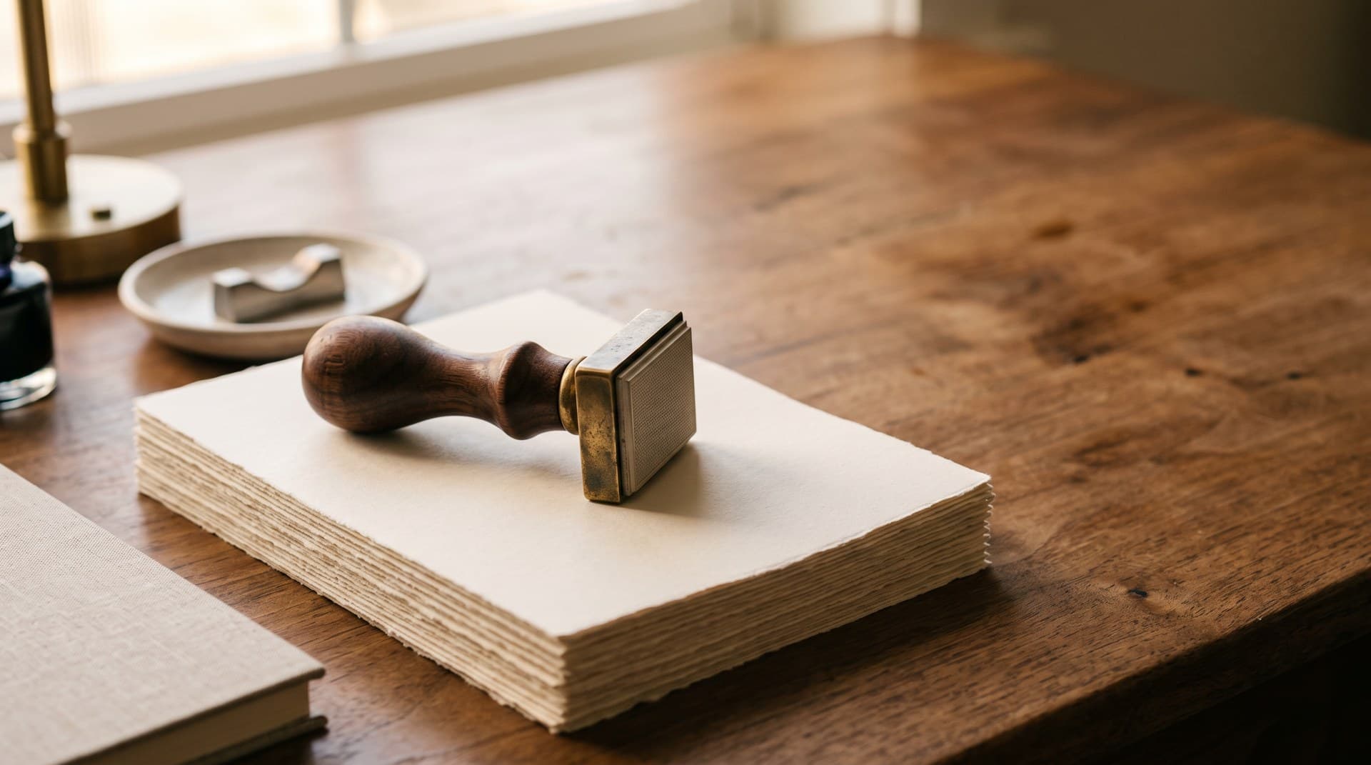 n8n commercial license requirements for automation agencies A brass rubber stamp resting on a stack of contract paper under warm side light, representing n8n licensing and commercial use for agencies