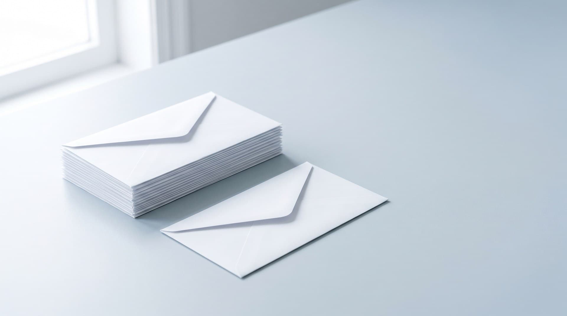 n8n email deliverability for automation agencies A stack of crisp white envelopes on a pale grey surface with one envelope pulled aside, representing automated emails being filtered out of the inbox