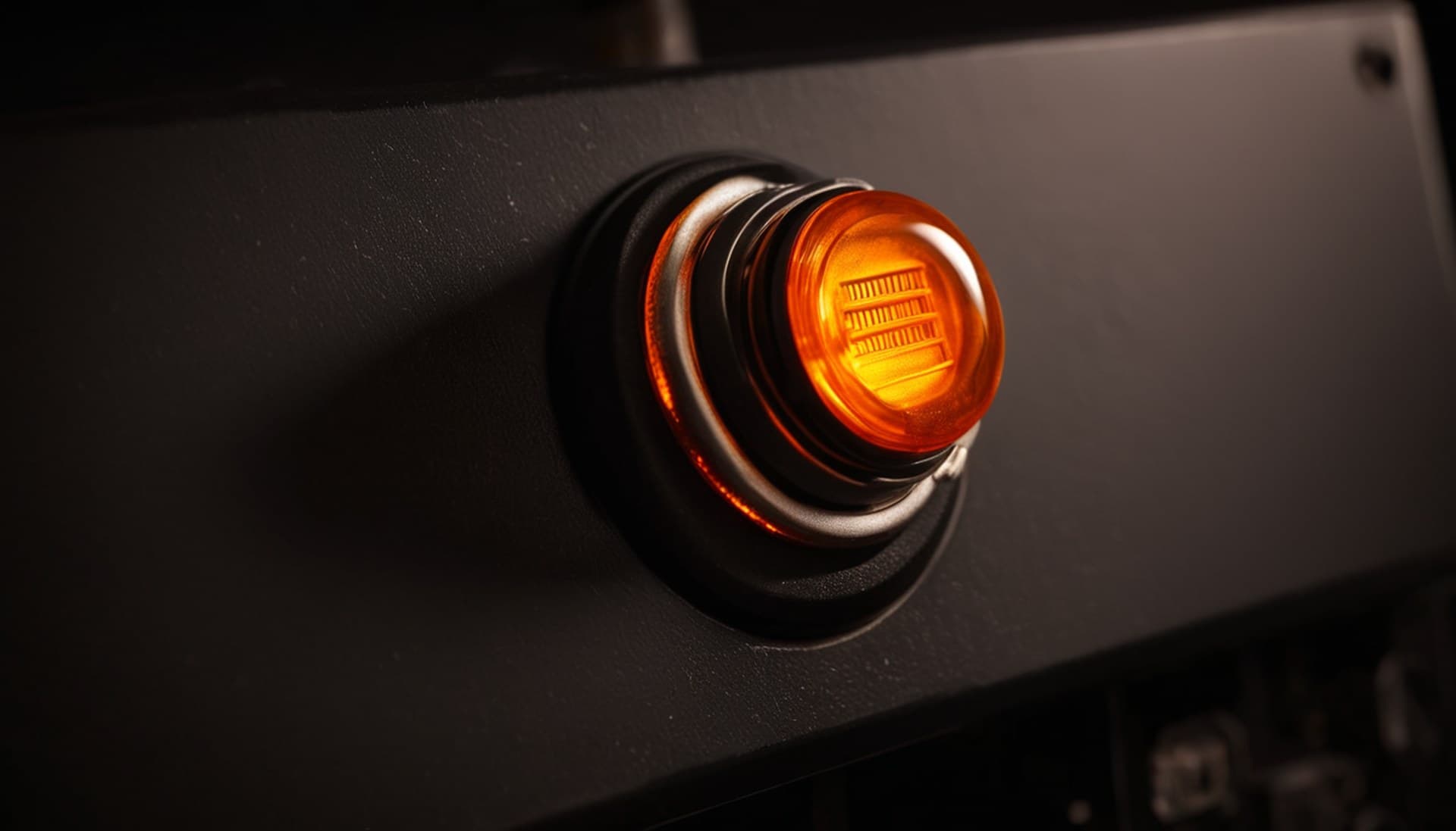 n8n human-in-the-loop approval gates for AI agents A single amber push button glowing on an otherwise dark industrial control panel, representing one deliberate human approval gate in an n8n AI agent workflow