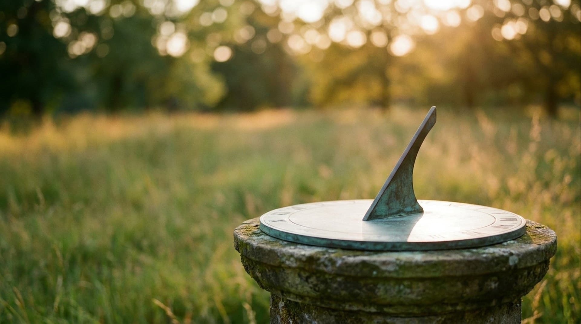 Clock time moves twice a year. The sun, and UTC, don't. A weathered bronze sundial on a mossy stone pedestal in a grassy field at golden hour, its gnomon casting a sharp shadow across the dial, a metaphor for n8n Schedule Trigger timing around daylight saving time