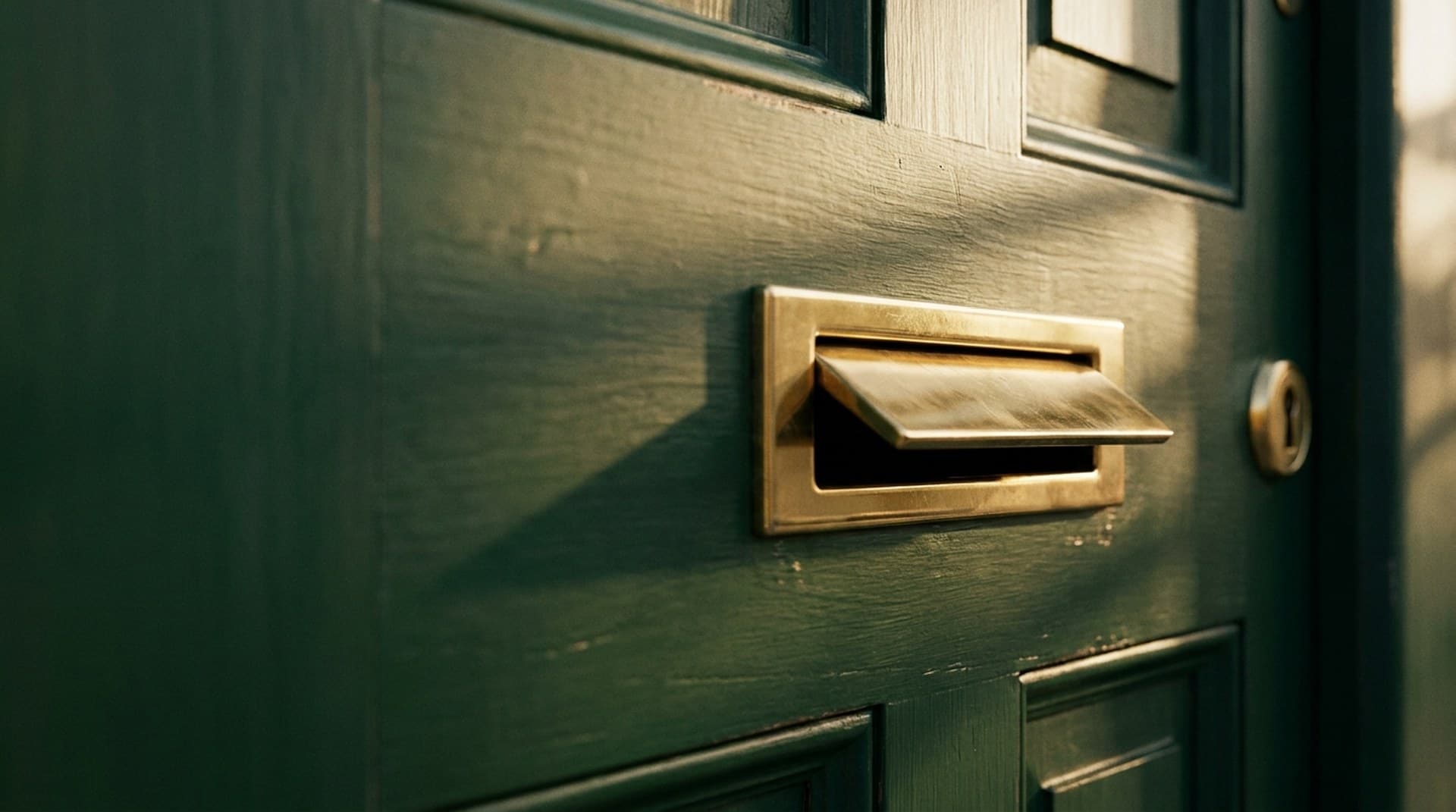 A webhook URL is a mail slot: anyone who finds it can push something through A brass letterbox mail slot with its flap pushed open on a deep green wooden front door in low morning sunlight, a metaphor for an n8n webhook URL that accepts whatever anyone pushes through it