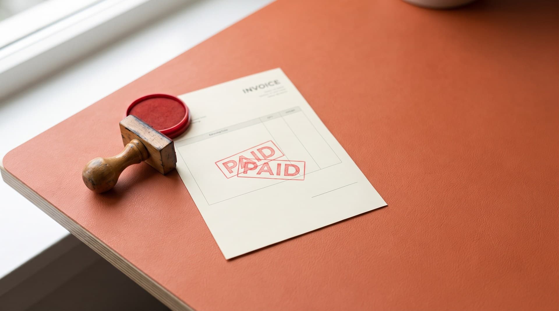 One payment, two PAID stamps: what a duplicate n8n webhook execution does to your data A paper invoice on a terracotta desk stamped PAID twice with overlapping red impressions next to a wooden rubber stamp and ink pad, illustrating n8n webhook duplicate executions that process the same event twice