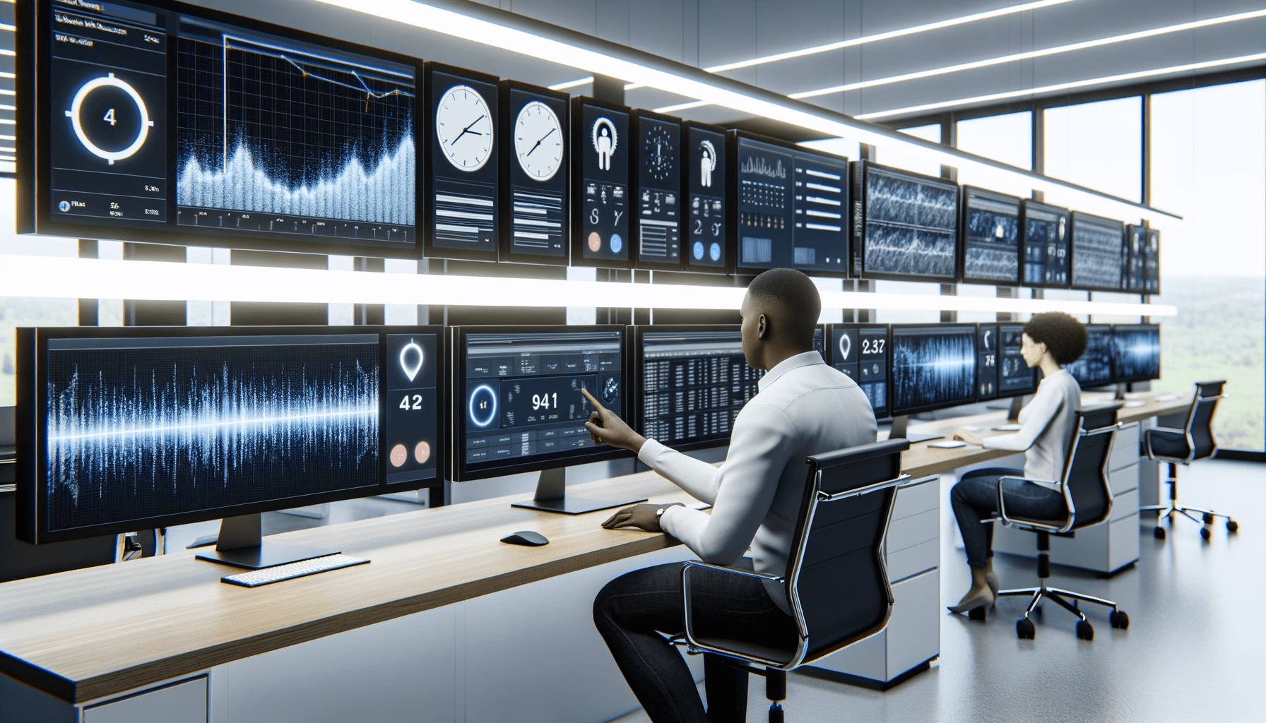 Voice AI Agent Monitoring Setup Agency contact center with specialists monitoring voice AI call dashboards and lead data on multiple screens