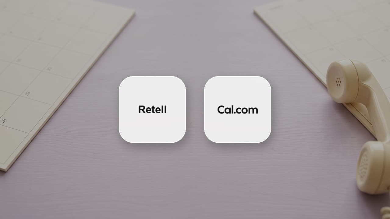 Migrating Retell voice agents from built-in Cal.com tools to the Cal.com integration Retell and Cal.com wordmark tiles side by side on a lavender desk between two paper calendars and a cream telephone handset, illustrating the migration of Retell voice agent booking tools to the Cal.com integration