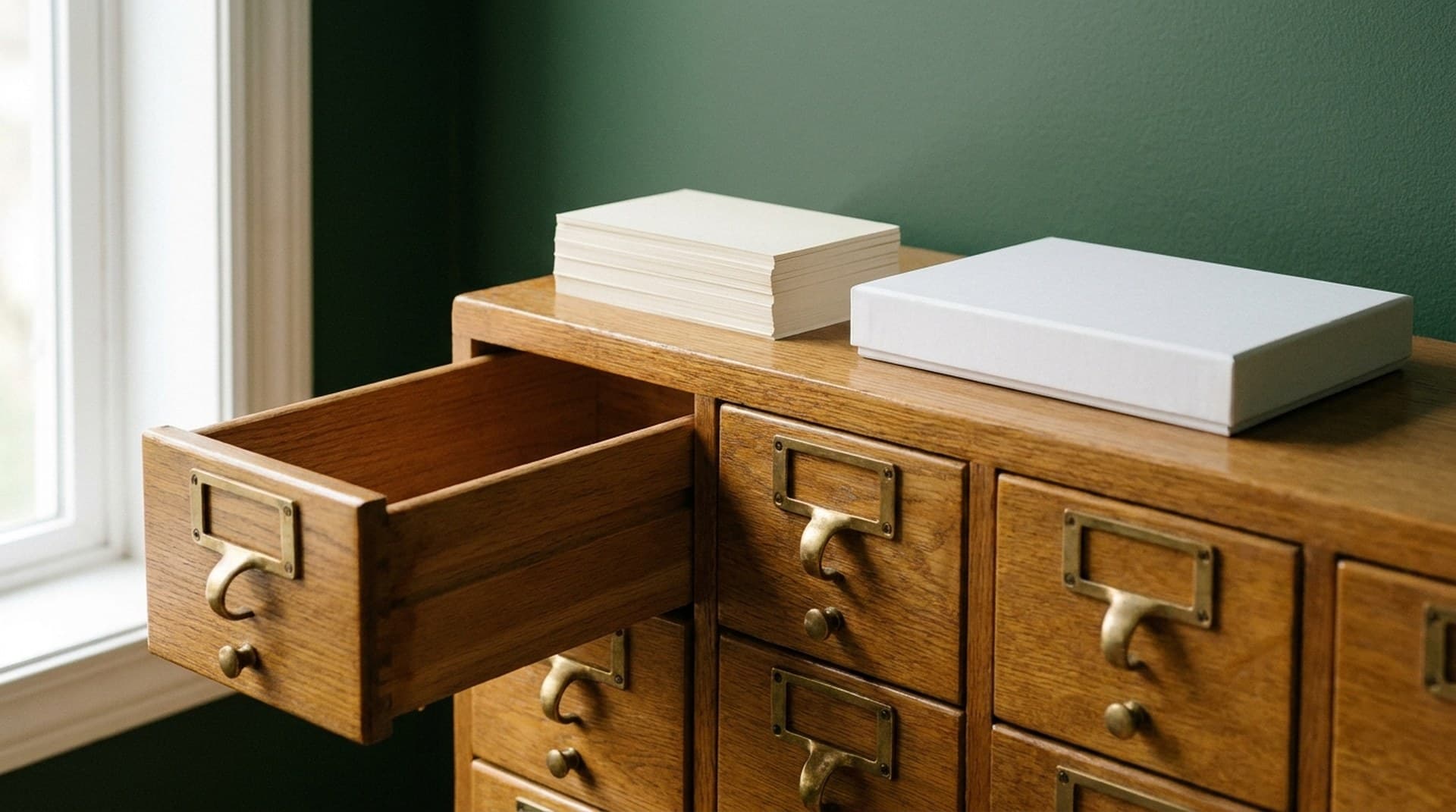 The old drawer is empty now. A vintage oak library card catalog with one drawer pulled out and empty, a stack of blank index cards and a new white box on top, against a forest-green wall, a metaphor for migrating from Retell's legacy list endpoints to v3 list-calls