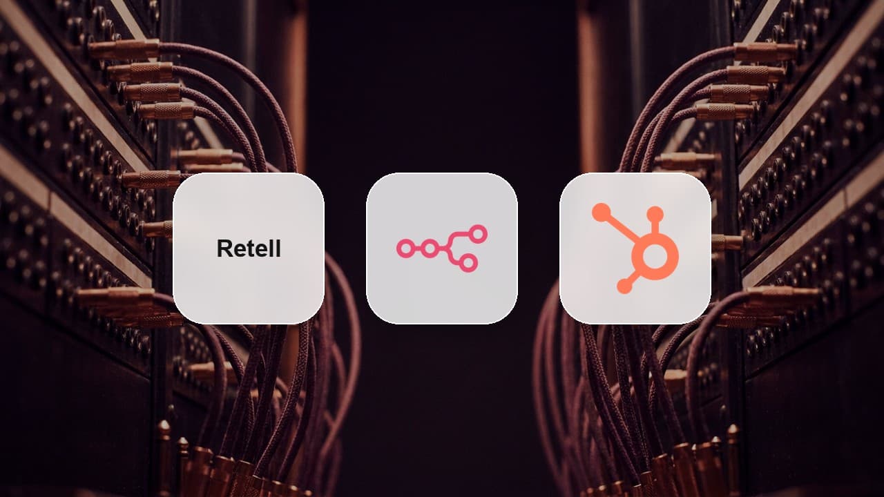 Routing Retell post-call analysis through n8n into a CRM Retell, n8n and HubSpot logo tiles over a vintage telephone switchboard with copper patch cords in plum light, illustrating Retell post-call analysis data routed into a CRM