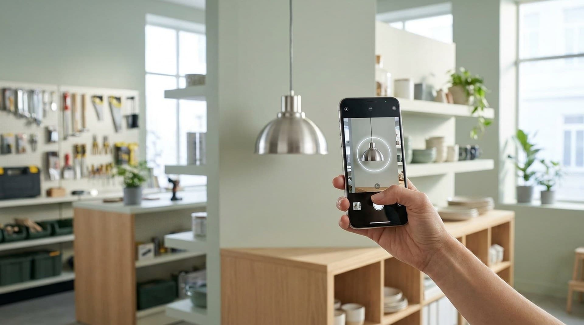 Visual search with a phone camera, the traffic Search Console now reports as Web: multimodal A hand holding a smartphone up to a brushed-steel pendant lamp in a bright home-goods store, the camera screen outlining the lamp for a visual search, illustrating Google Lens traffic reported by the Search Console multimodal filter