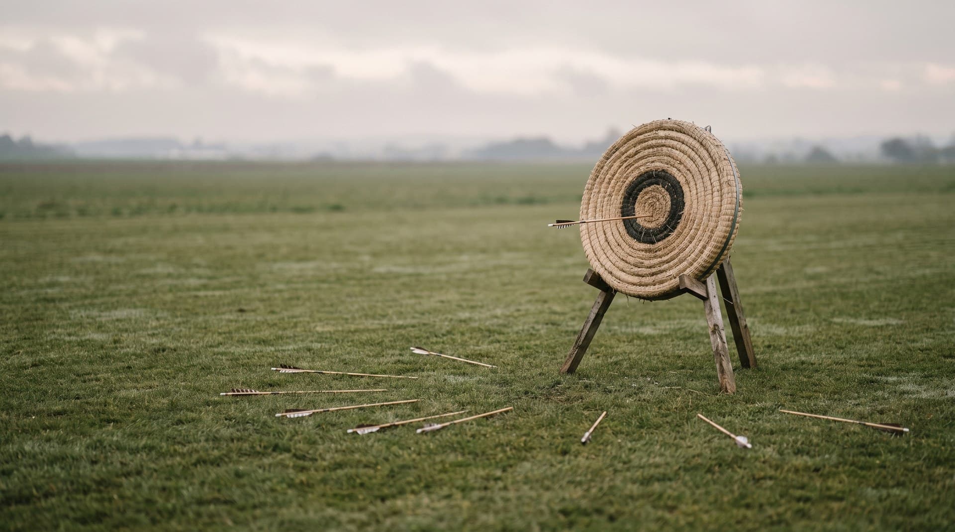 How Smart Bidding Exploration loosens a tROAS target in Google Ads A straw archery target in an open grass field with one arrow in the bullseye and many arrows scattered wide across the grass, representing a loosened ROAS target under Smart Bidding Exploration