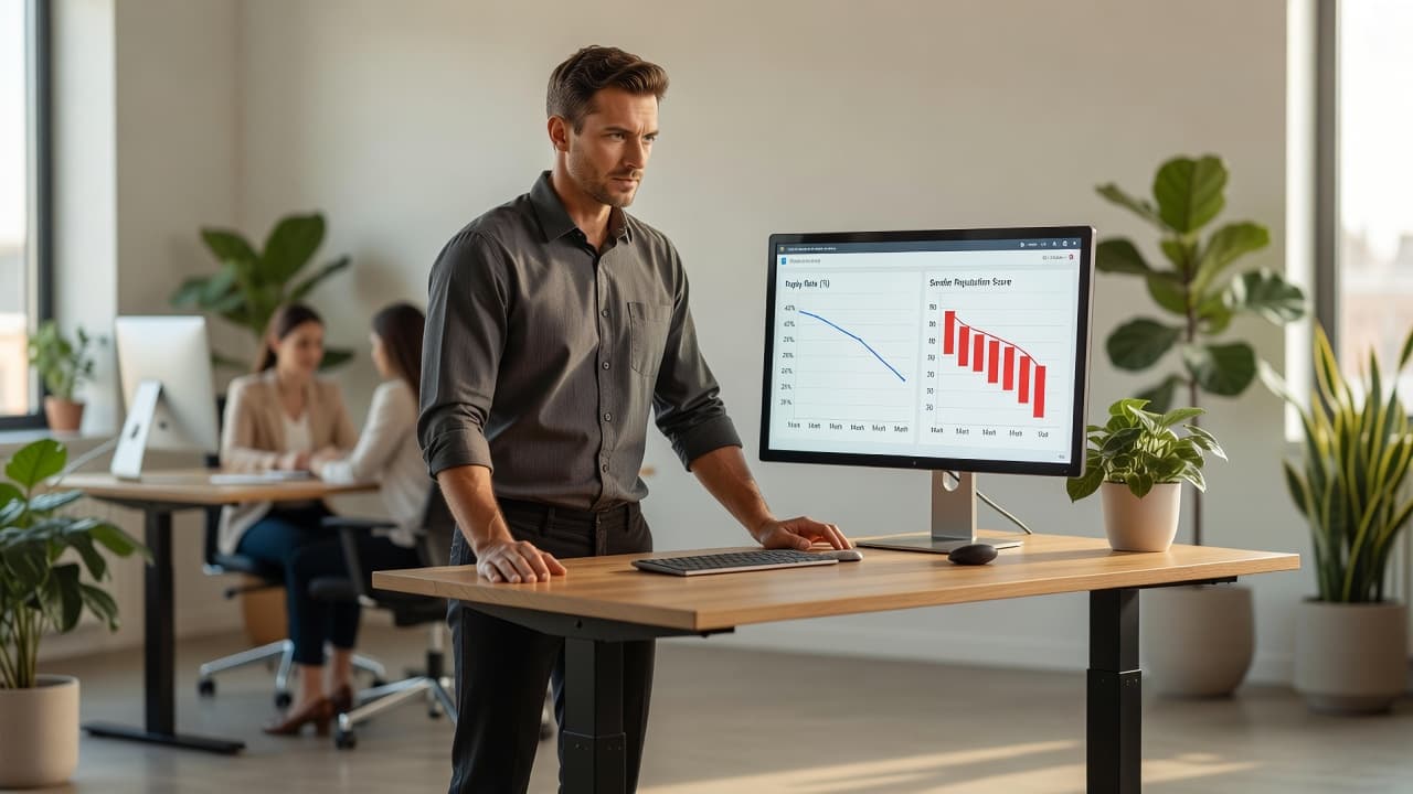 Why AI SDRs fail: the deliverability problem behind the 90-day churn A sales operations manager reviewing a declining email deliverability dashboard in a bright agency office