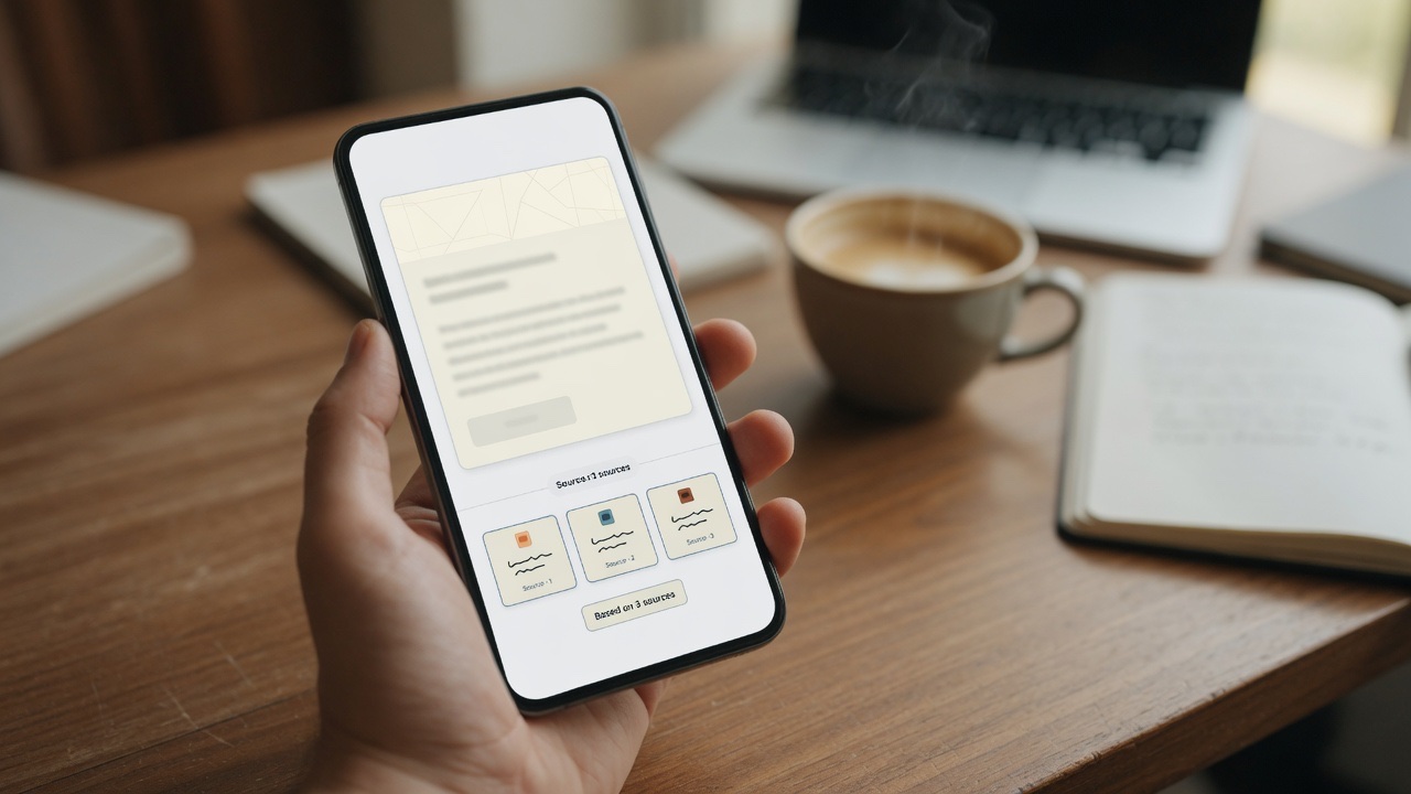 A phone showing an AI answer citing a source, representing content that gets cited